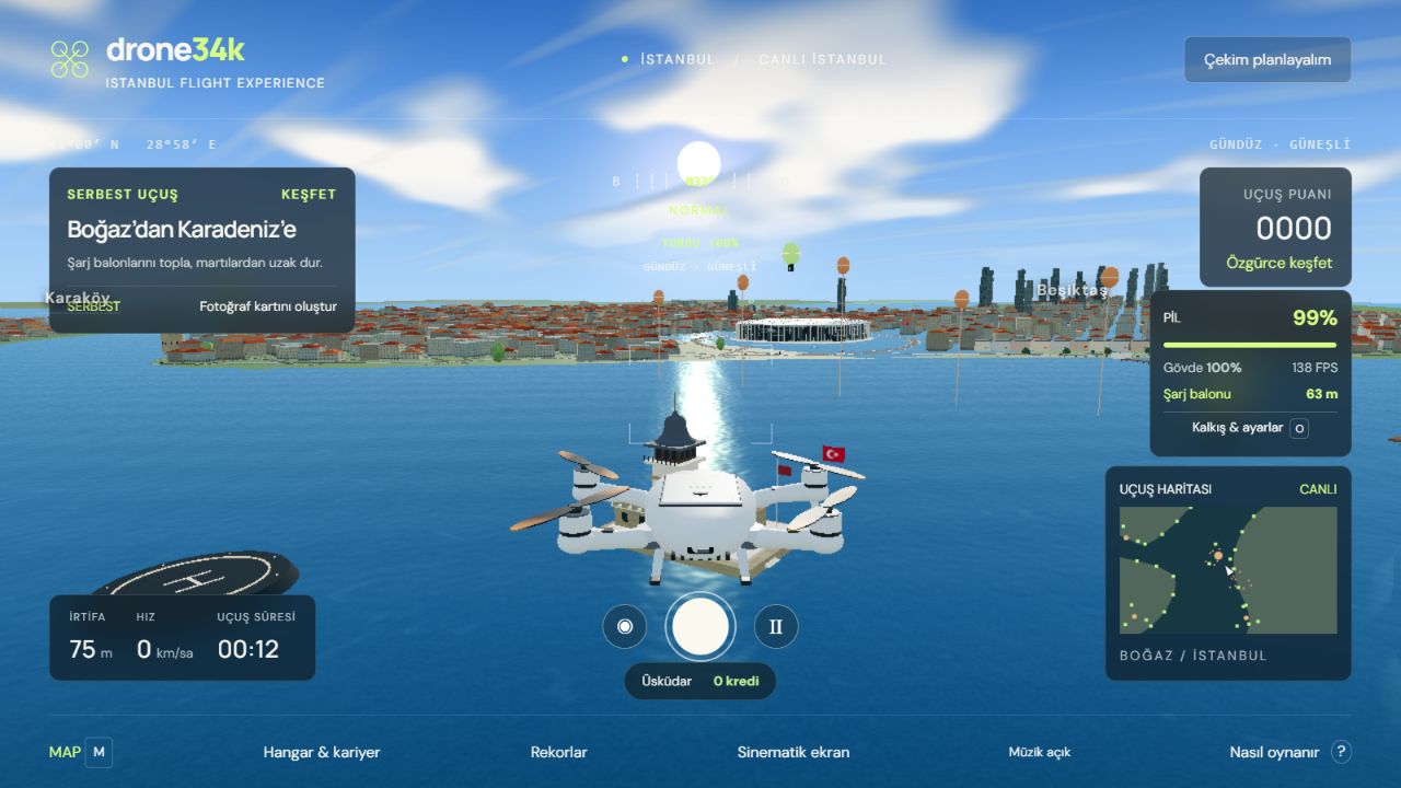 Drone34k oyununda Kız Kulesi ve İstanbul Boğazı üzerinde drone uçuşu